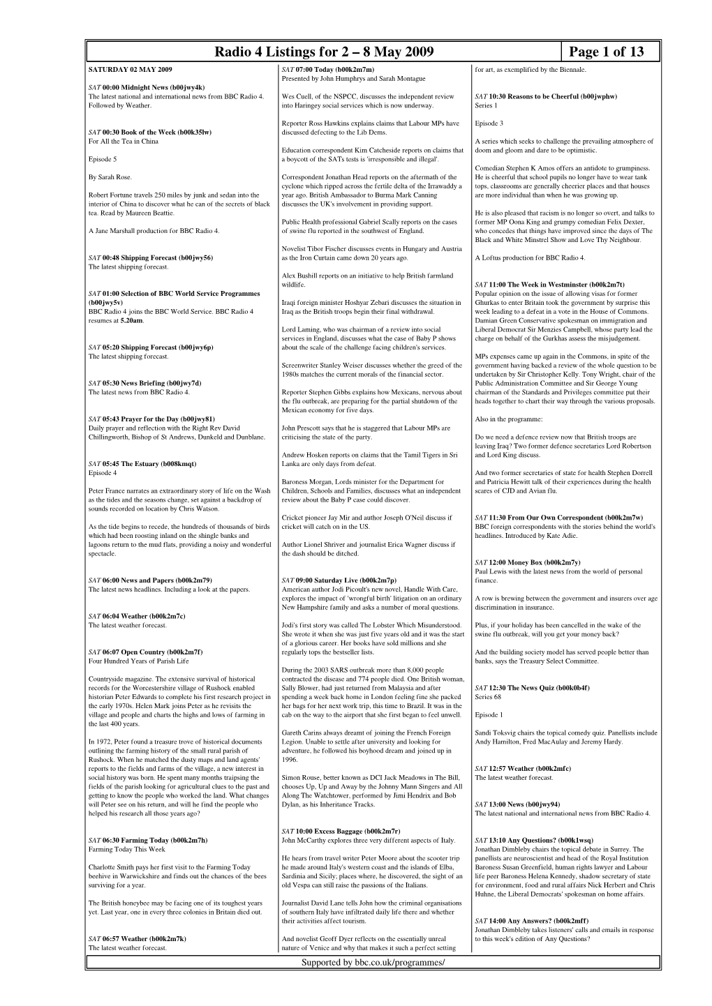 8 May 2009 Page 1 of 13 SATURDAY 02 MAY 2009 SAT 07:00 Today (B00k2m7m) for Art, As Exemplified by the Biennale