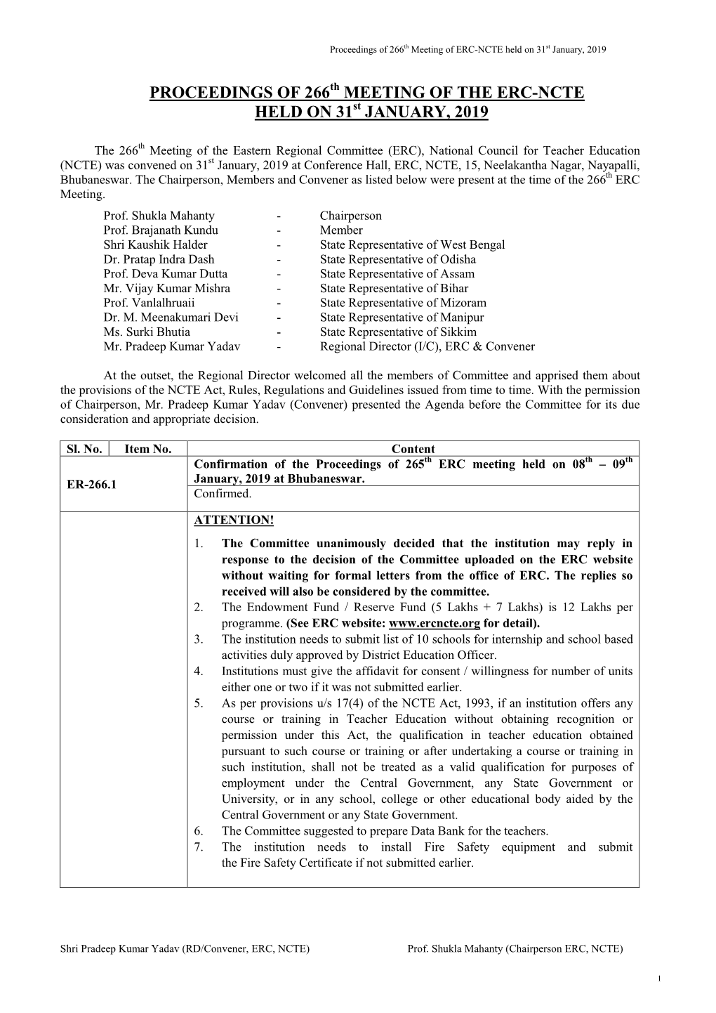 Proceedings of 266 Meeting of the Erc-Ncte Held on 31