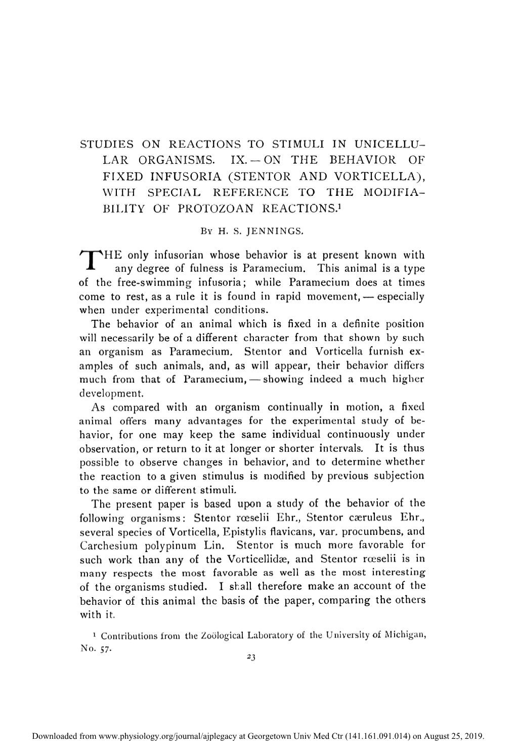 Stentor and Vorticella), C%71T13 Special Reference to the Modifia- Bility of Protozoan Reactions.1