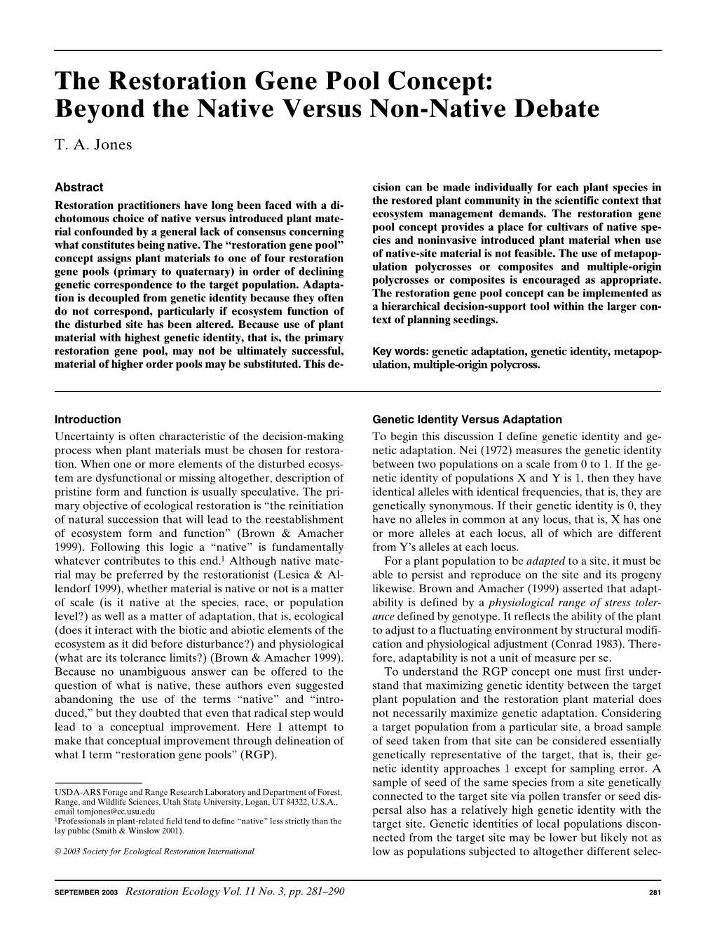 The Restoration Gene Pool Concept: Beyond the Native Versus Non-Native Debate T