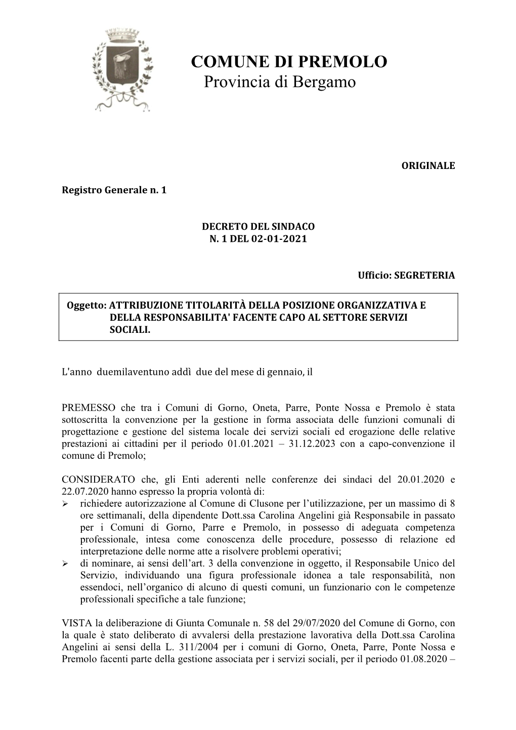 Decreto Di Nomina Responsabile Settore