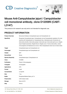 Mouse Anti-Campylobacter Jejuni / Campylobacter Coli Monoclonal