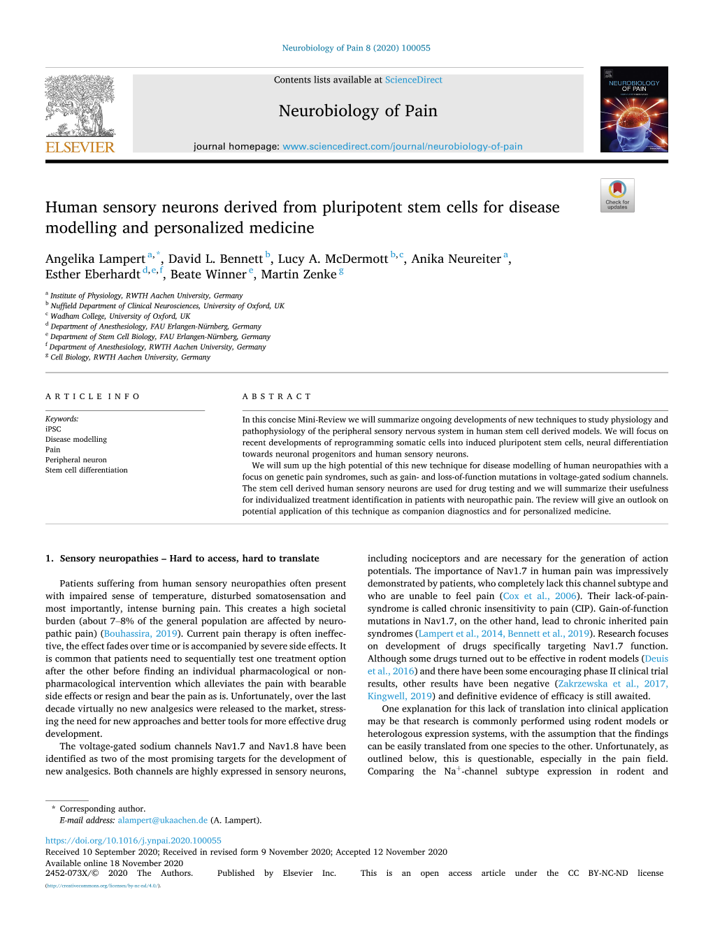 Human Sensory Neurons Derived from Pluripotent Stem Cells for Disease Modelling and Personalized Medicine