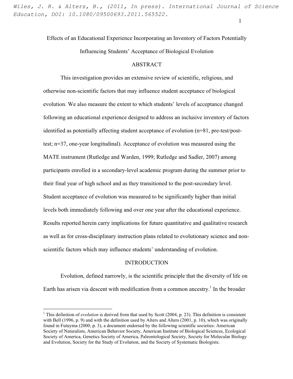 Factors Potentially Influencing Student Acceptance of Biological Evolution