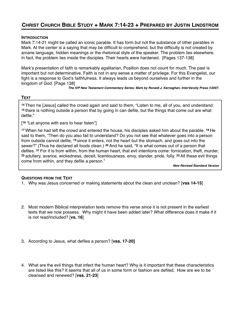 Christ Church Bible Study + Mark 7:14-23 + Prepared by Justin Lindstrom