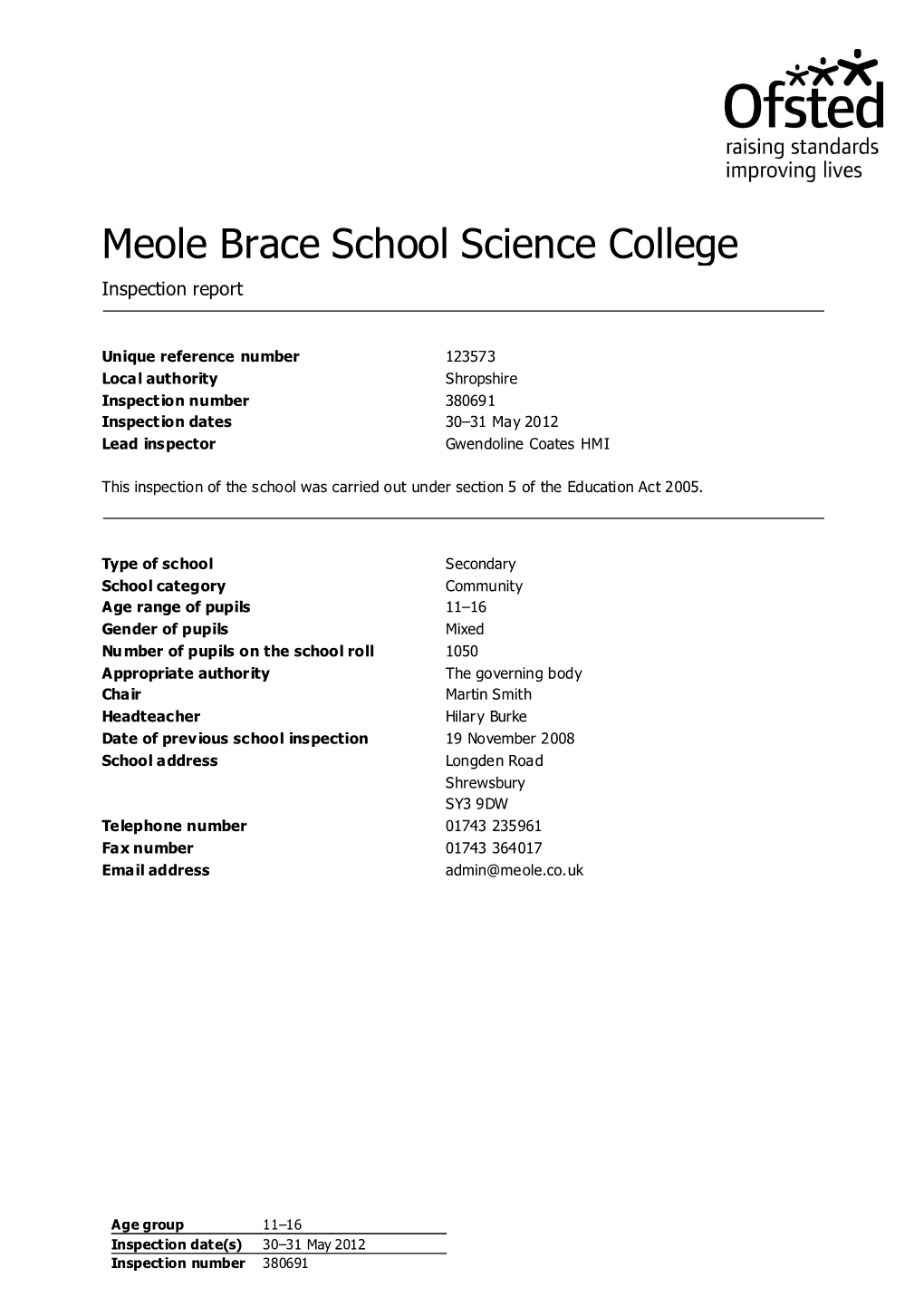 Meole Brace School Science College Inspection Report