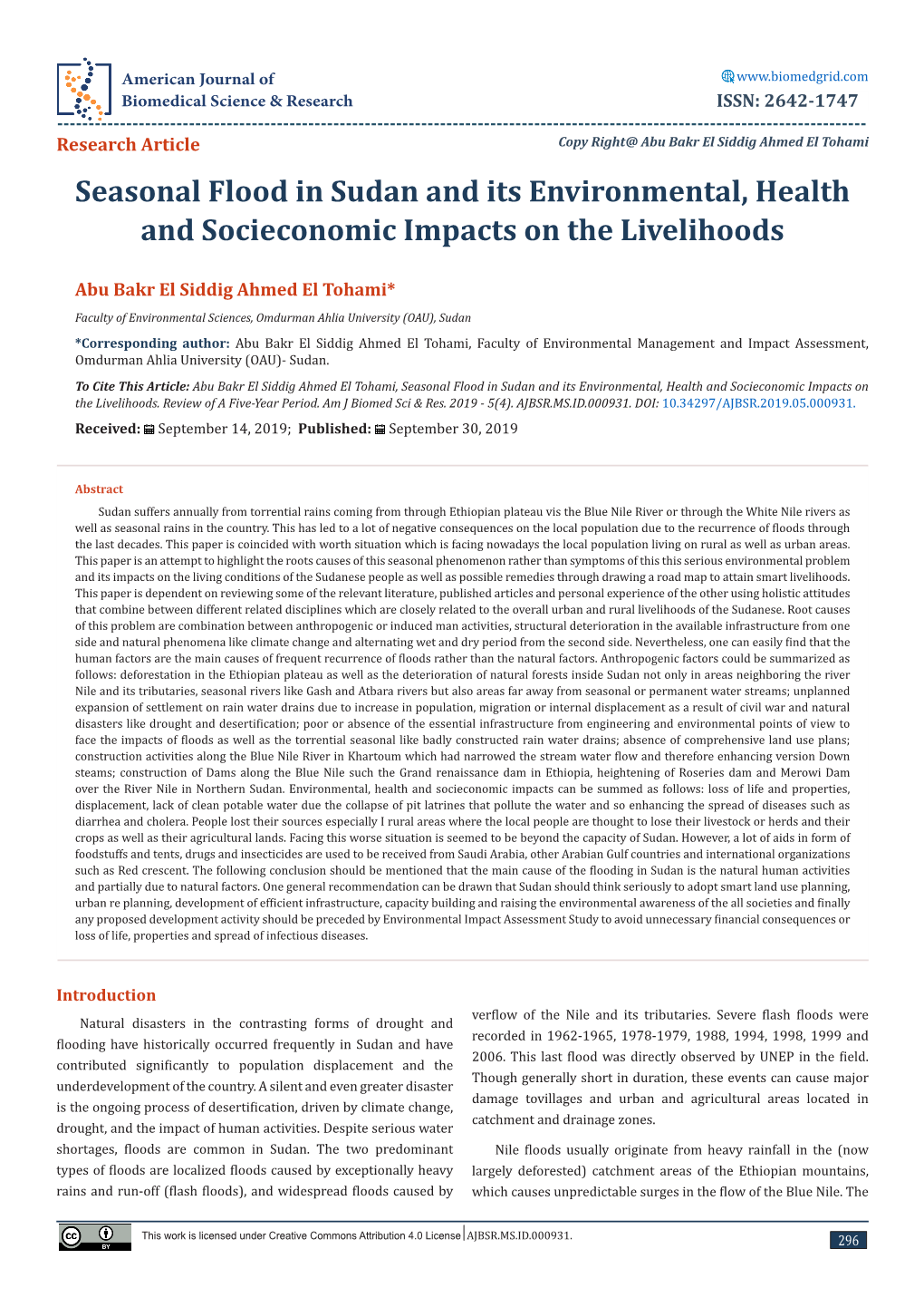 Seasonal Flood in Sudan and Its Environmental, Health and Socieconomic Impacts on the Livelihoods