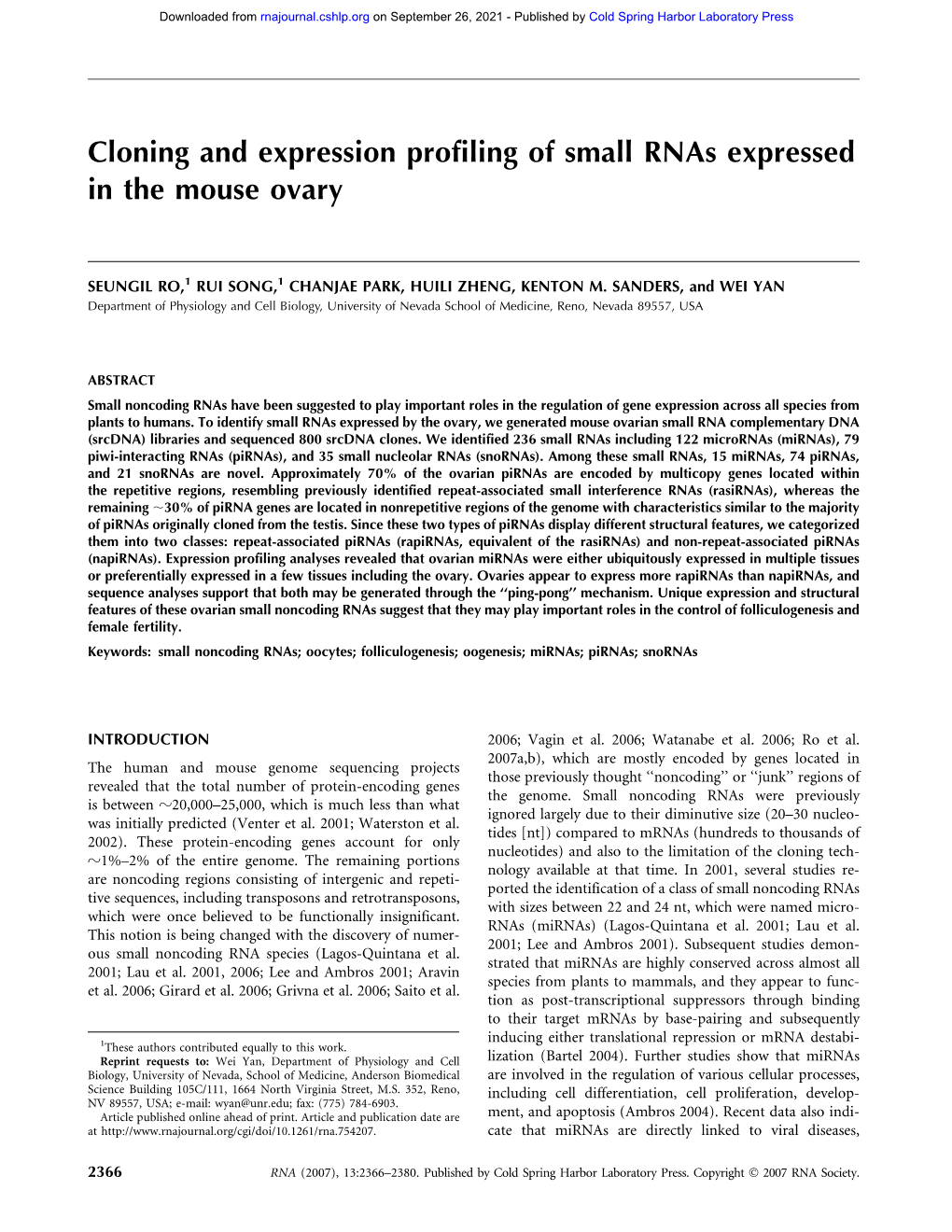 Cloning and Expression Profiling of Small Rnas Expressed in the Mouse Ovary