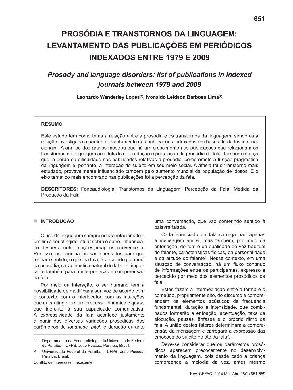 Prosody and Language Disorders: List of Publications in Indexed Journals Between 1979 and 2009