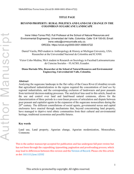 Rural Politics and Land-Use Change in the Colombian Sugarcane Landscape