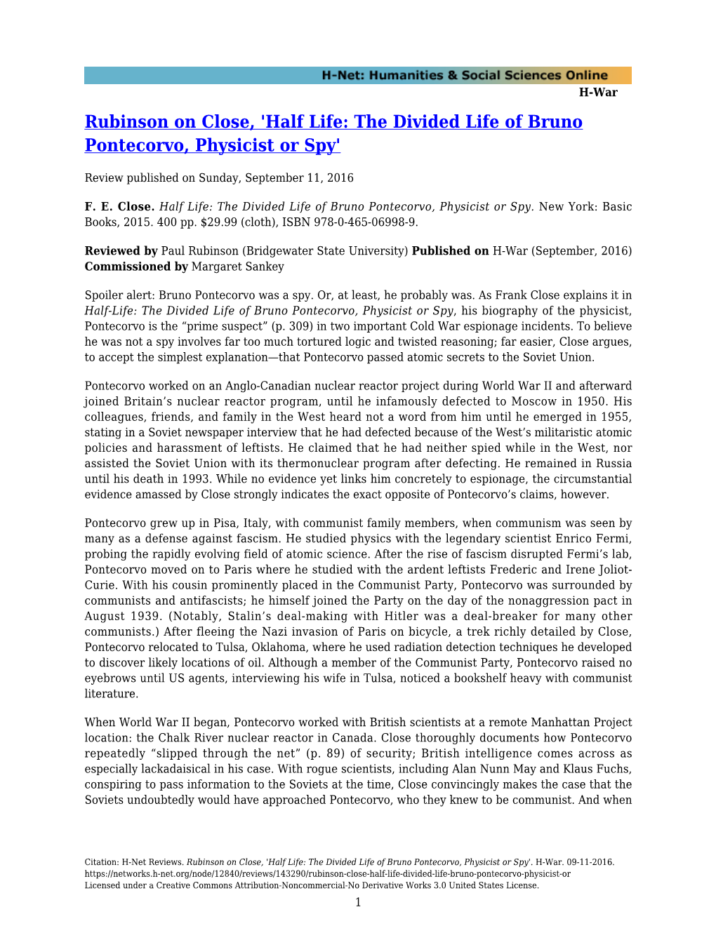 Rubinson on Close, 'Half Life: the Divided Life of Bruno Pontecorvo, Physicist Or Spy'