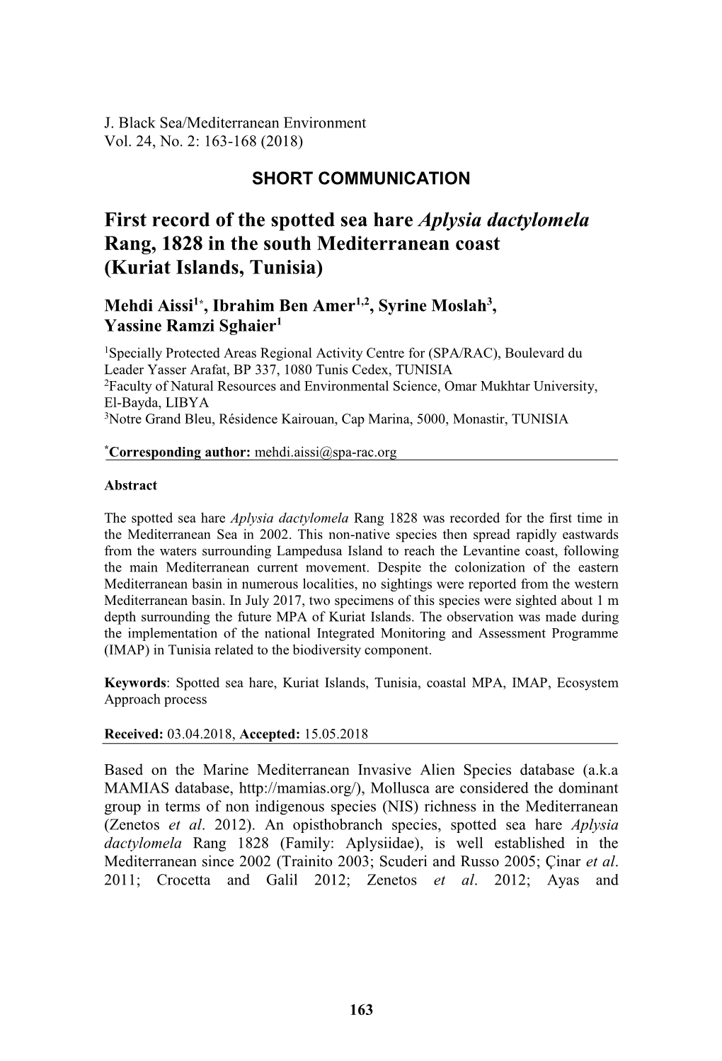 First Record of the Spotted Sea Hare Aplysia Dactylomela Rang, 1828 in the South Mediterranean Coast (Kuriat Islands, Tunisia)