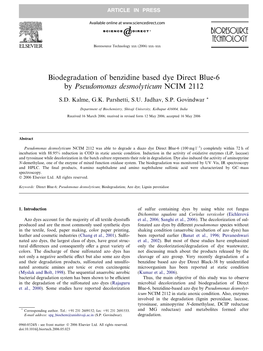 Biodegradation of Benzidine Based Dye Direct Blue-6 by Pseudomonas Desmolyticum NCIM 2112