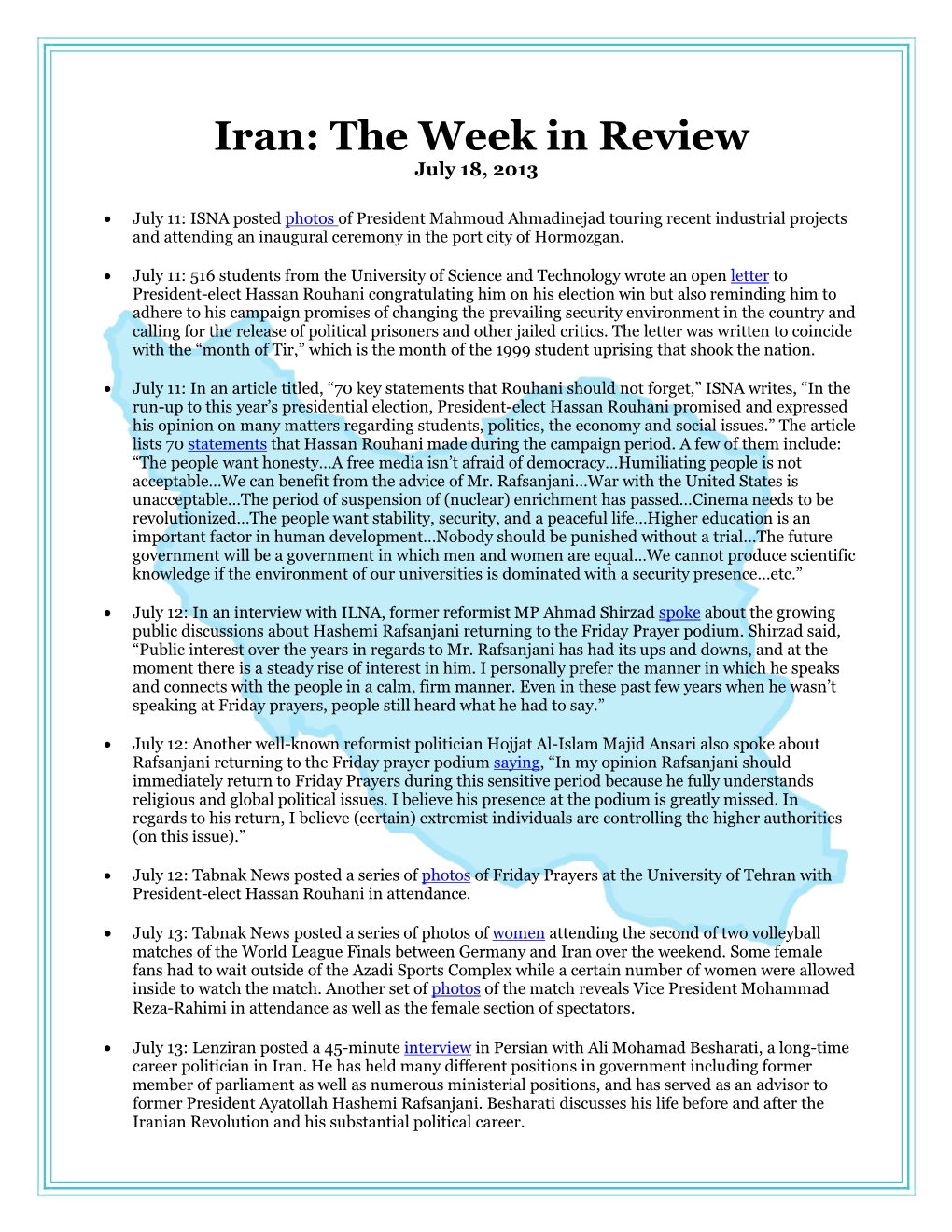 Iran: the Week in Review July 18, 2013