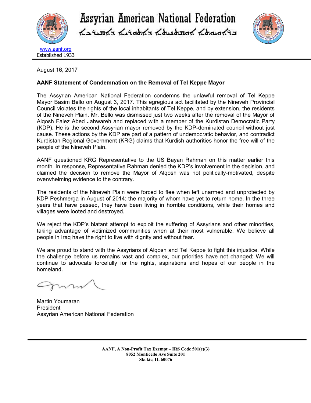 August 16, 2017 AANF Statement of Condemnation on the Removal of Tel Keppe Mayor the Assyrian American National Federation Conde