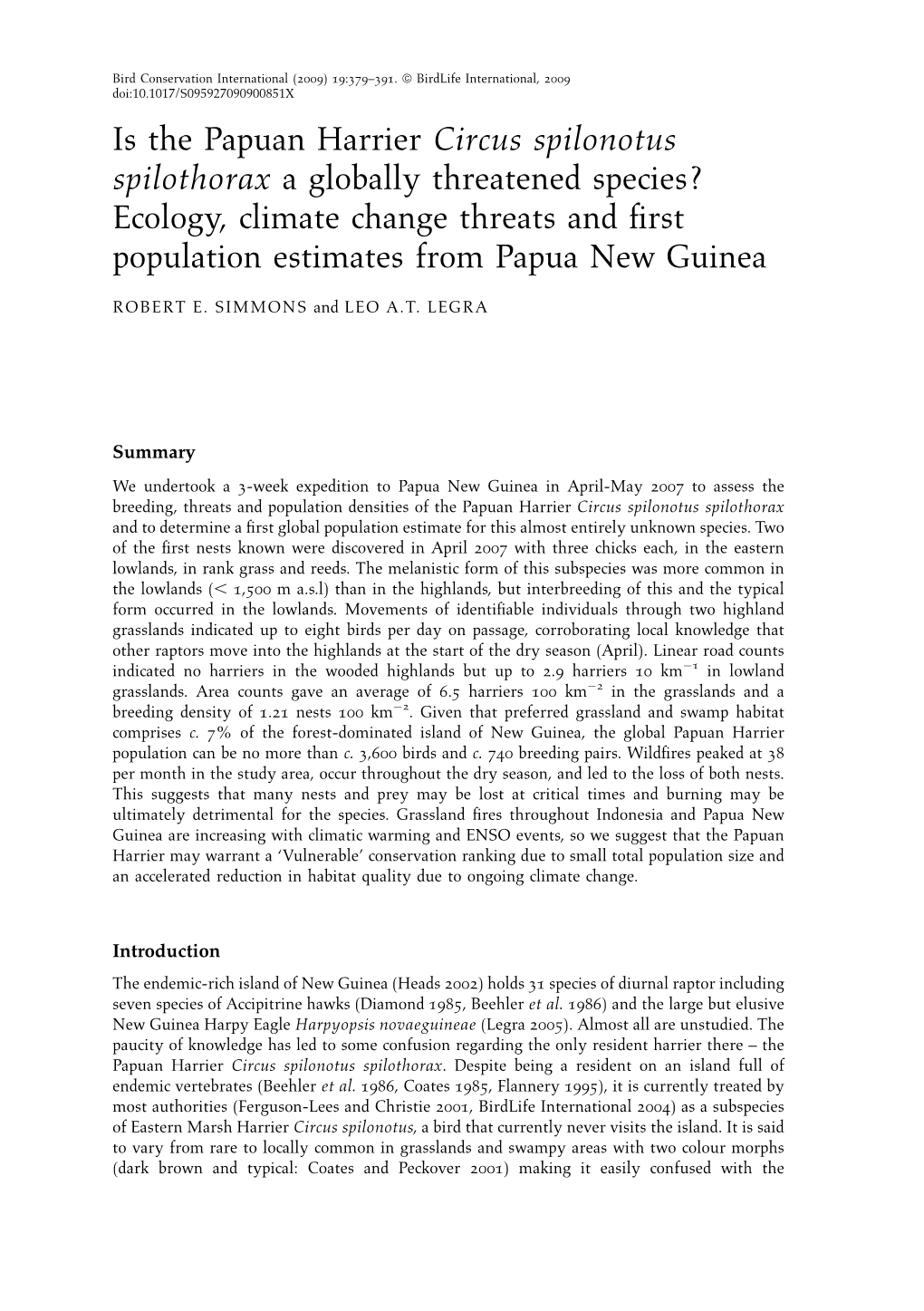 Is the Papuan Harrier Circus Spilonotus Spilothorax a Globally Threatened Species? Ecology, Climate Change Threats and ﬁrst Population Estimates from Papua New Guinea