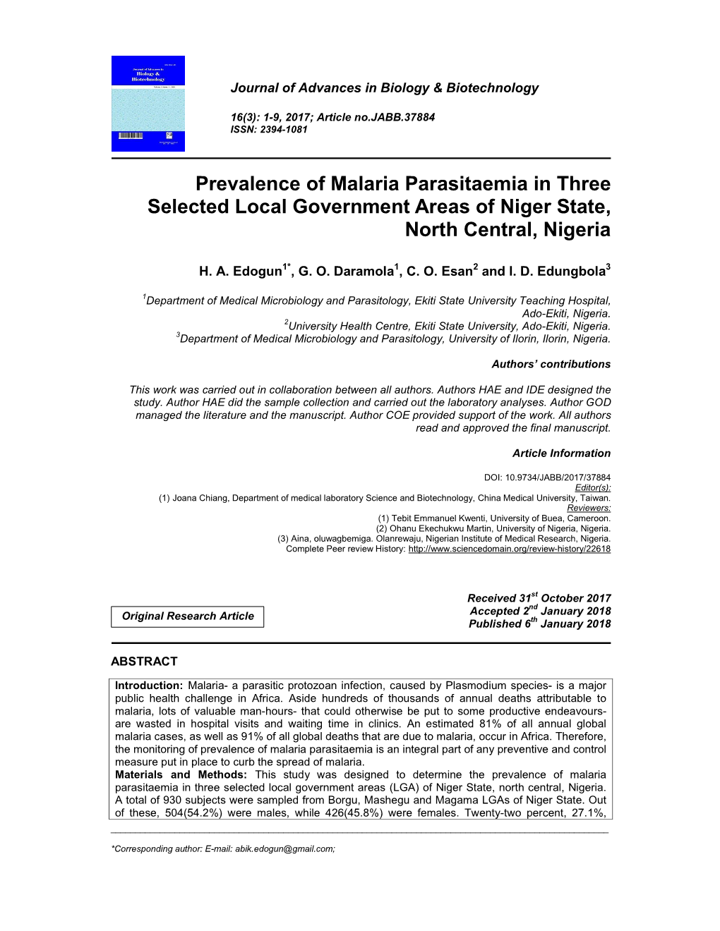 Prevalence of Malaria Parasitaemia in Three Selected Local Government Areas of Niger State, North Central, Nigeria