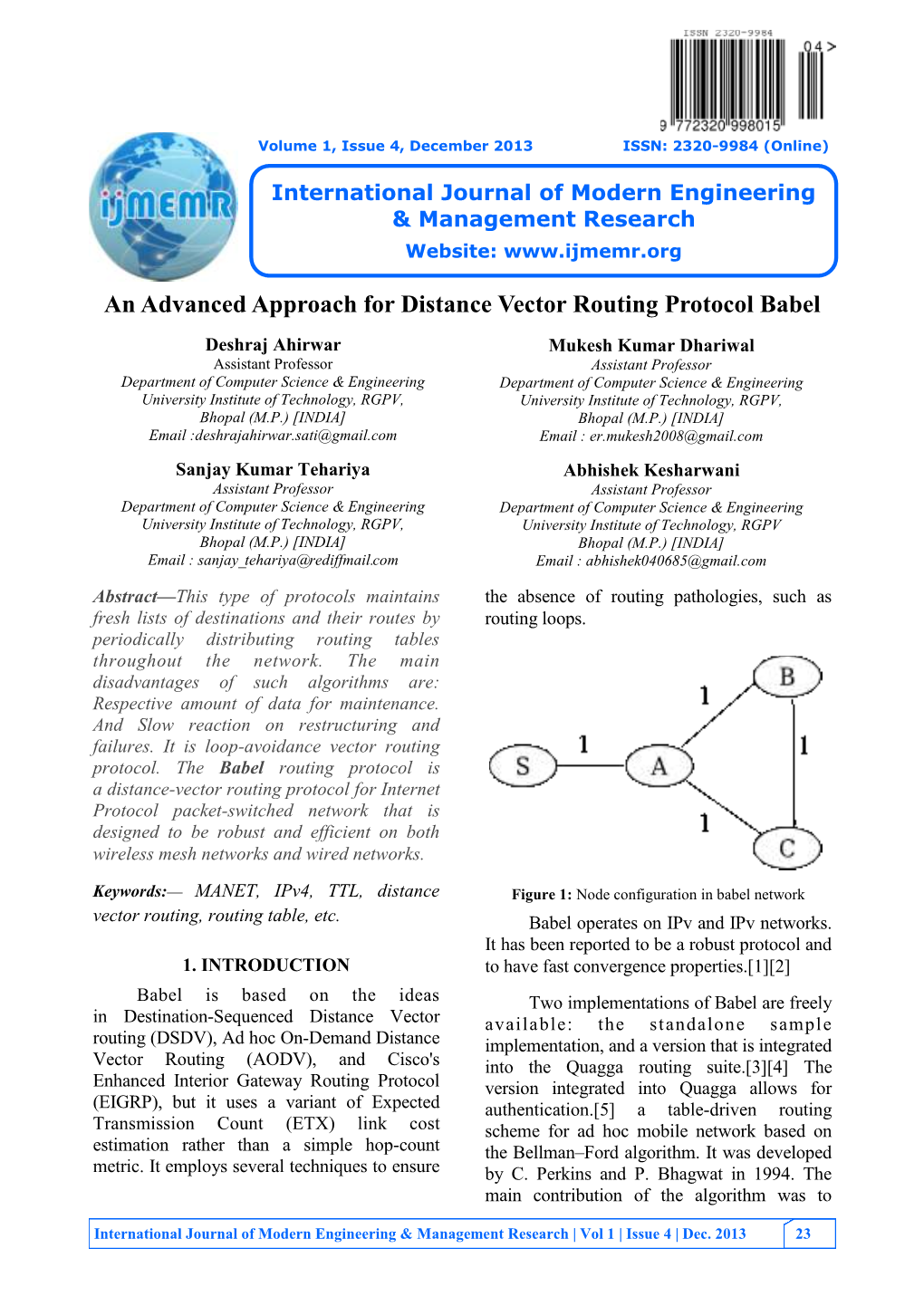 An Advanced Approach for Distance Vector Routing Protocol Babel