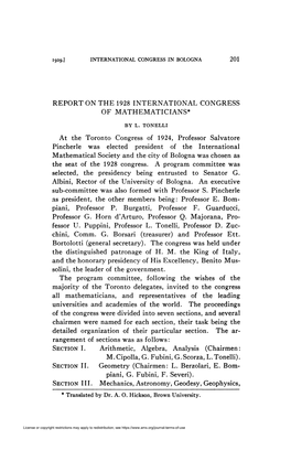 Report on the 1928 International Congress of Mathematicians*