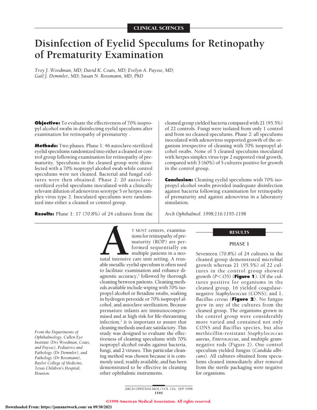 Disinfection of Eyelid Speculums for Retinopathy of Prematurity Examination