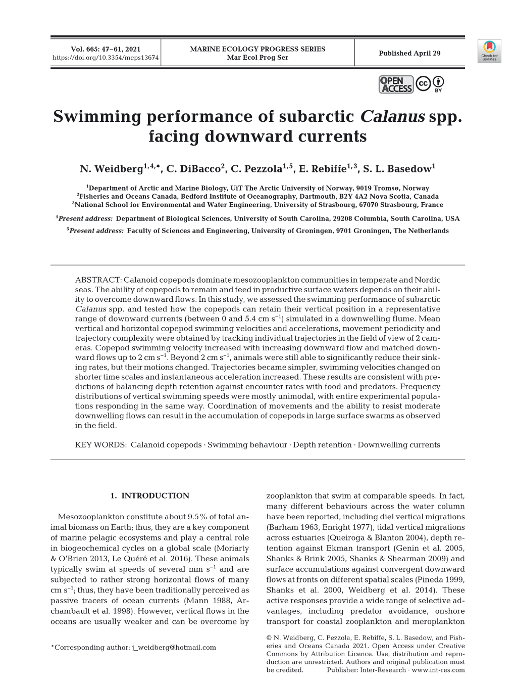 Swimming Performance of Subarctic Calanus Spp. Facing Downward Currents