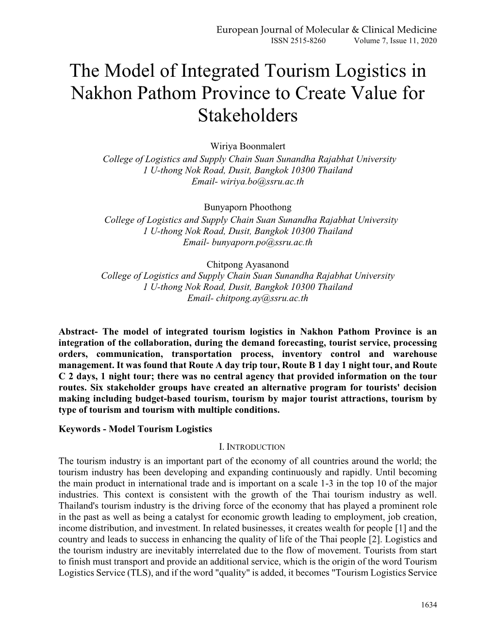 The Model of Integrated Tourism Logistics in Nakhon Pathom Province to Create Value for Stakeholders