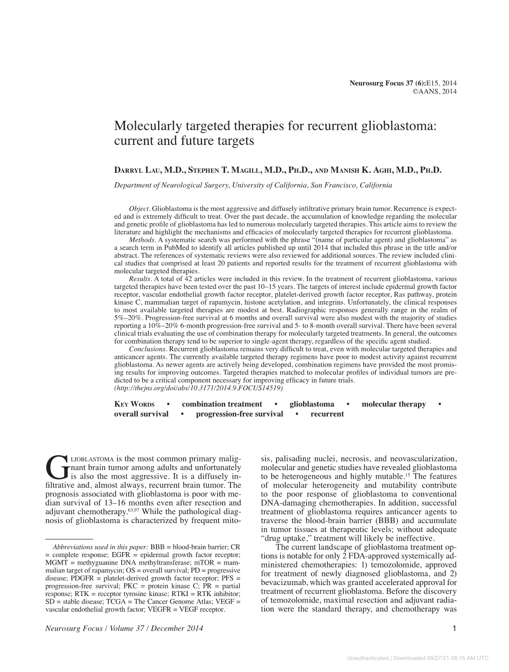 Molecularly Targeted Therapies for Recurrent Glioblastoma: Current and Future Targets