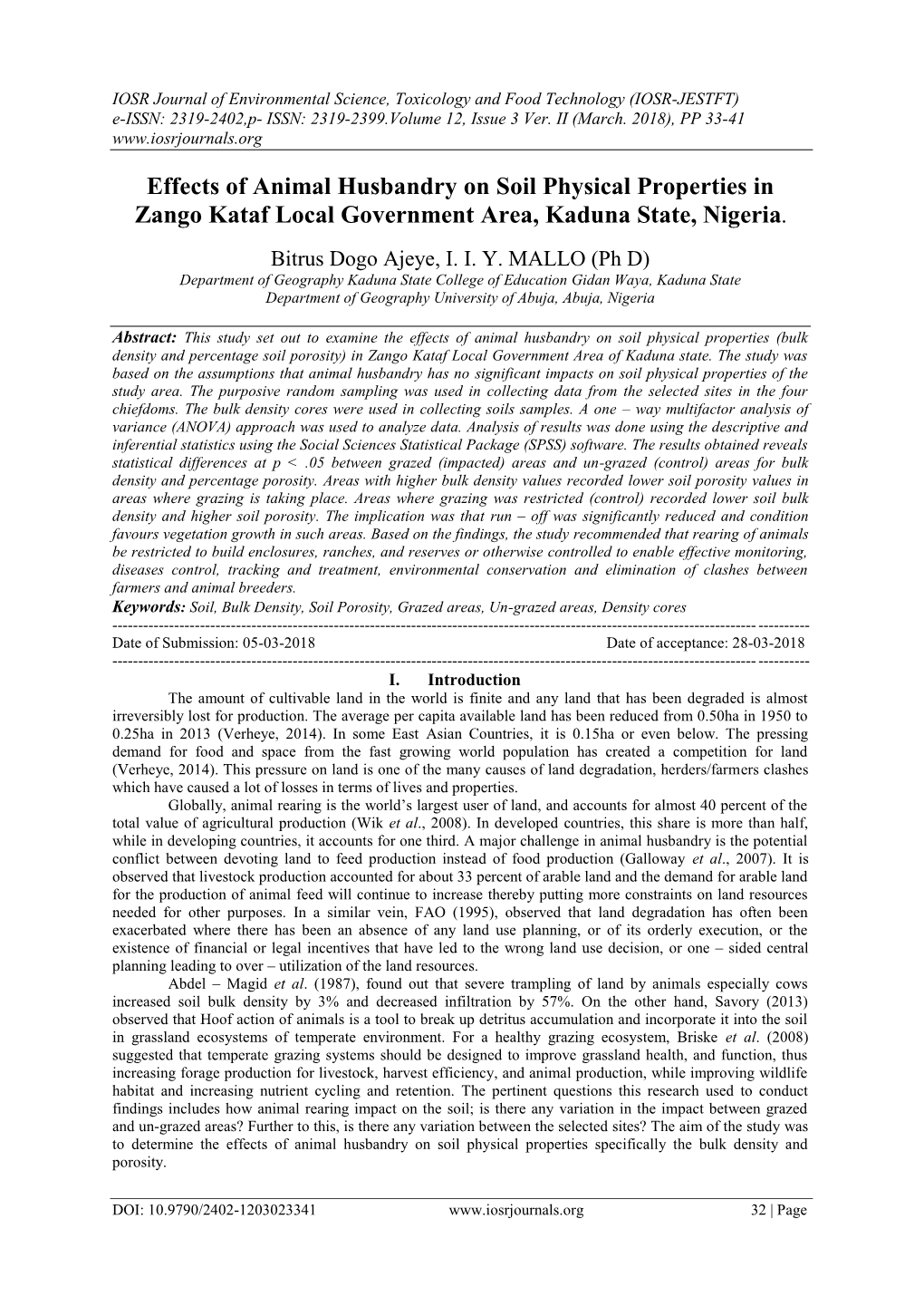 Effects of Animal Husbandry on Soil Physical Properties in Zango Kataf Local Government Area, Kaduna State, Nigeria