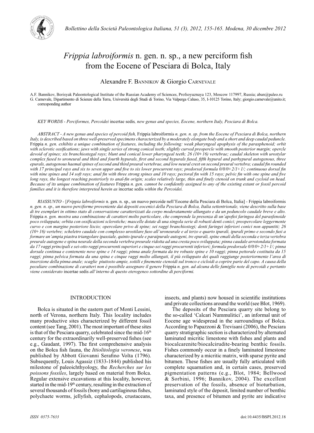 Frippia Labroiformis N. Gen. N. Sp., a New Perciform Fish from the Eocene of Pesciara Di Bolca, Italy