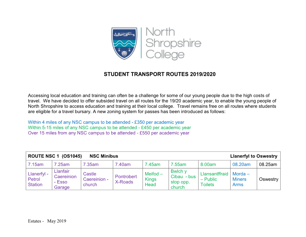 Student Transport Routes 2019/2020