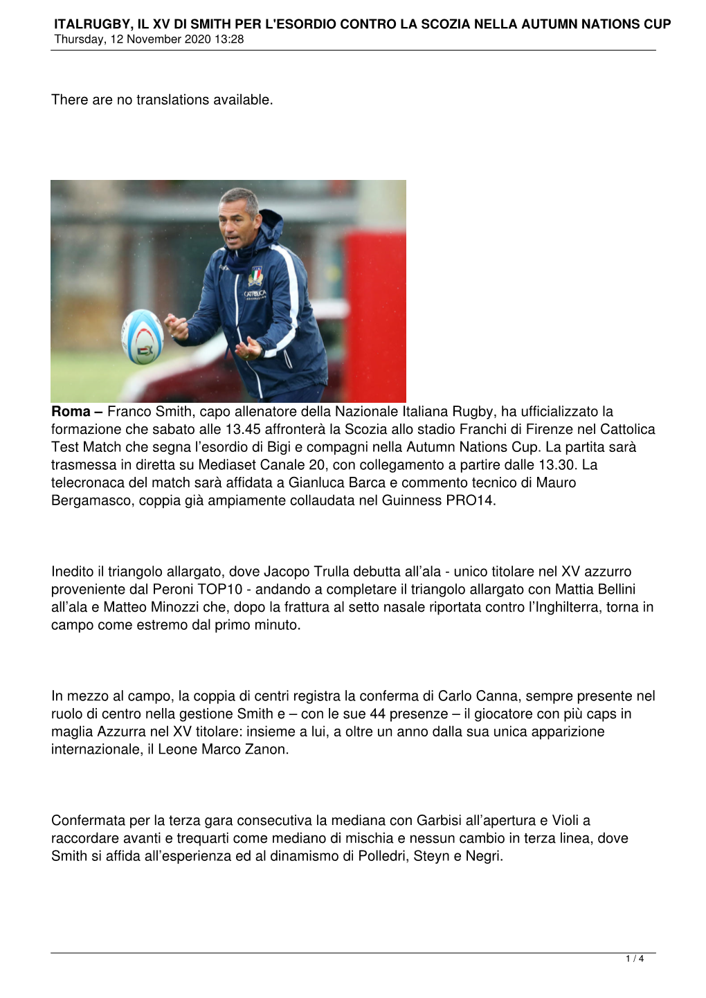 ITALRUGBY, IL XV DI SMITH PER L'esordio CONTRO LA SCOZIA NELLA AUTUMN NATIONS CUP Thursday, 12 November 2020 13:28