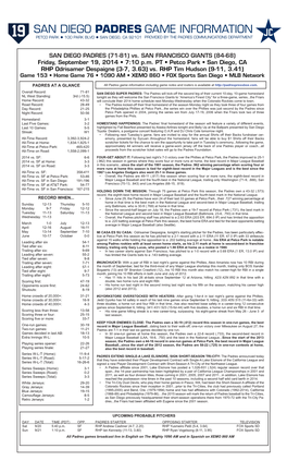 Padres Game Notes Vs. SF