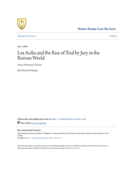 Lex Acilia and the Rise of Trial by Jury in the Roman World Anton-Hermann Chroust