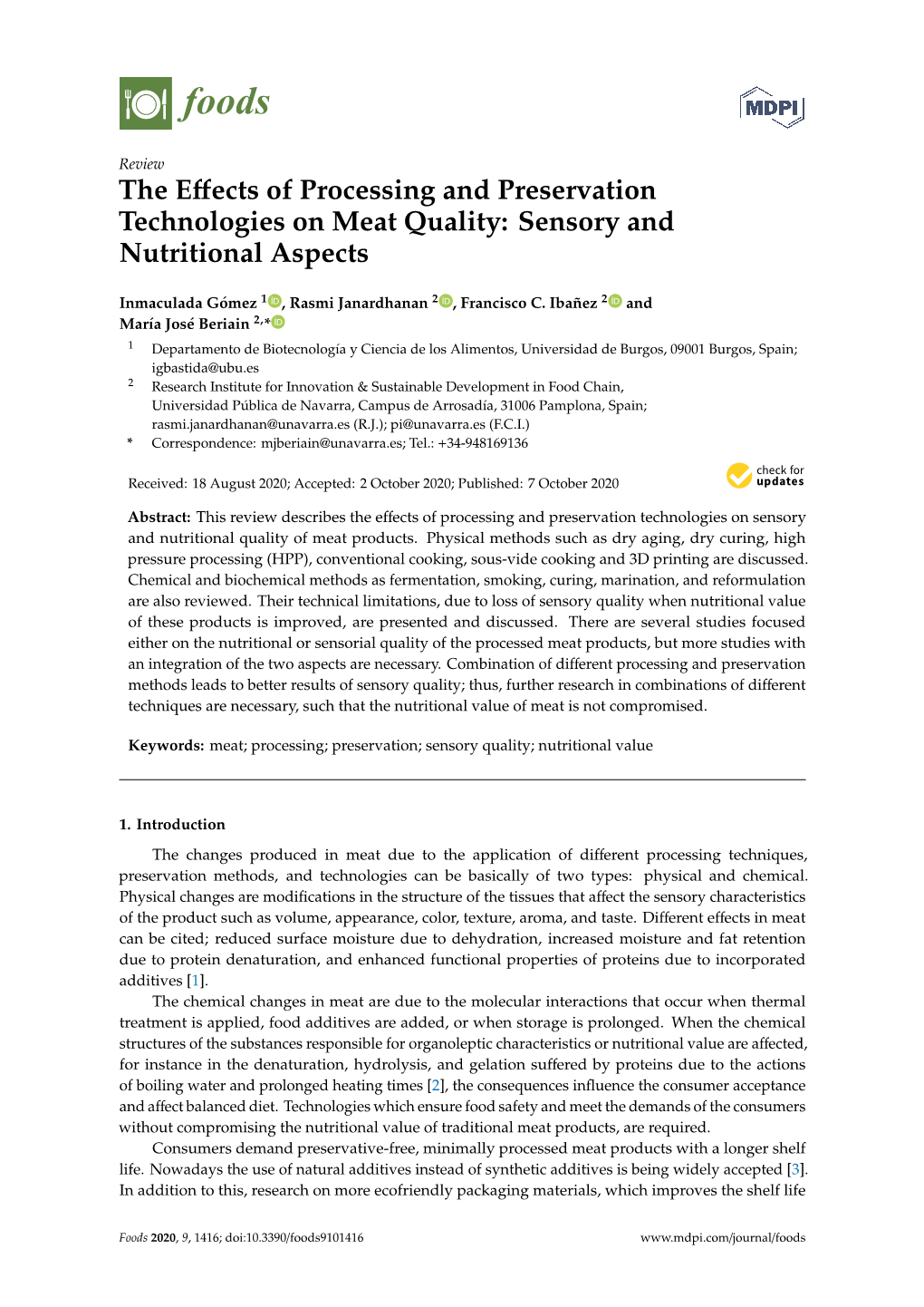 The Effects of Processing and Preservation Technologies on Meat