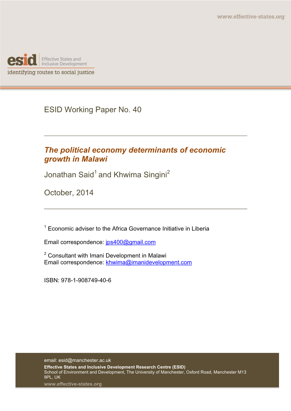 ESID Working Paper No. 40 the Political Economy Determinants Of