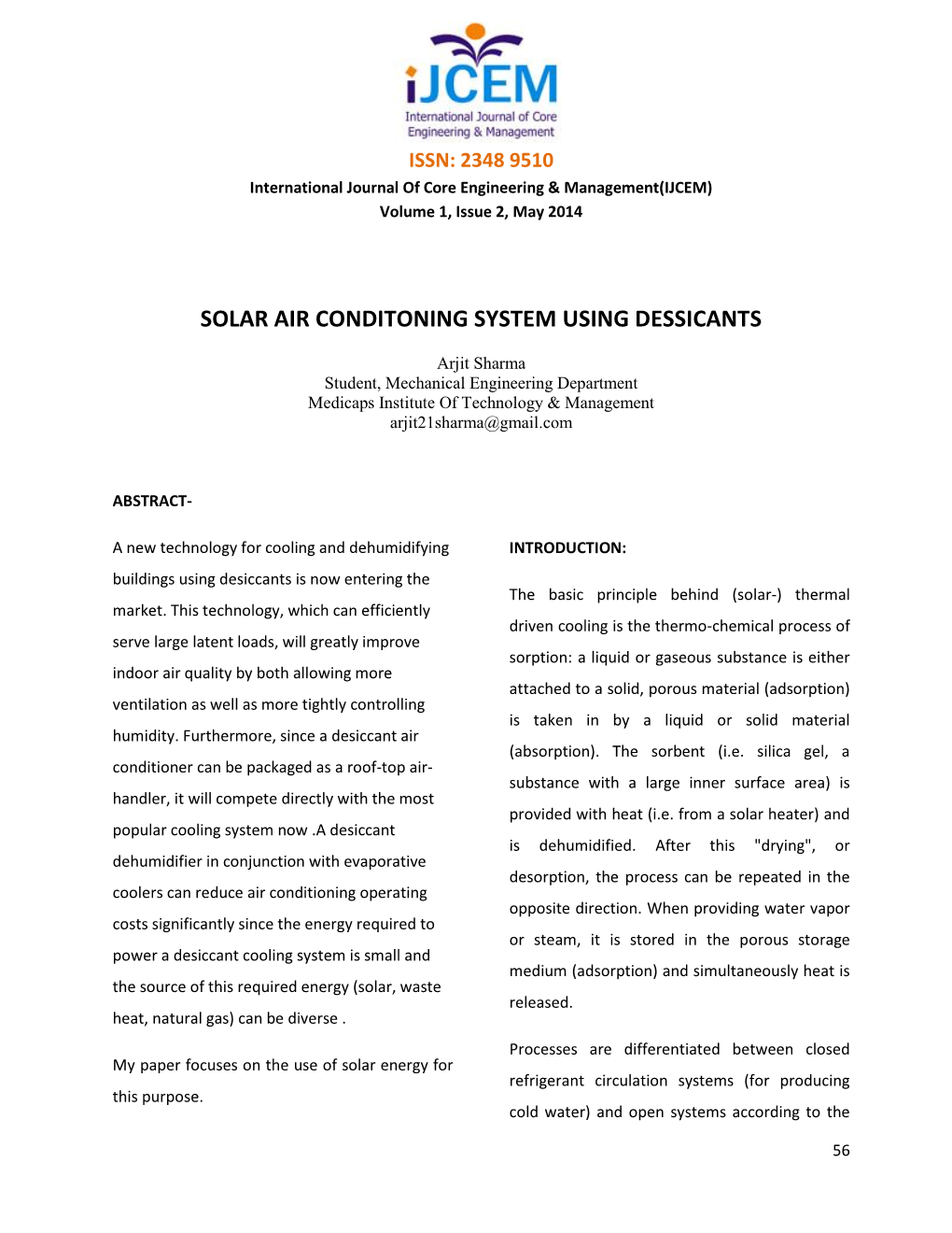 Solar Air Conditioning System Using Dessicants