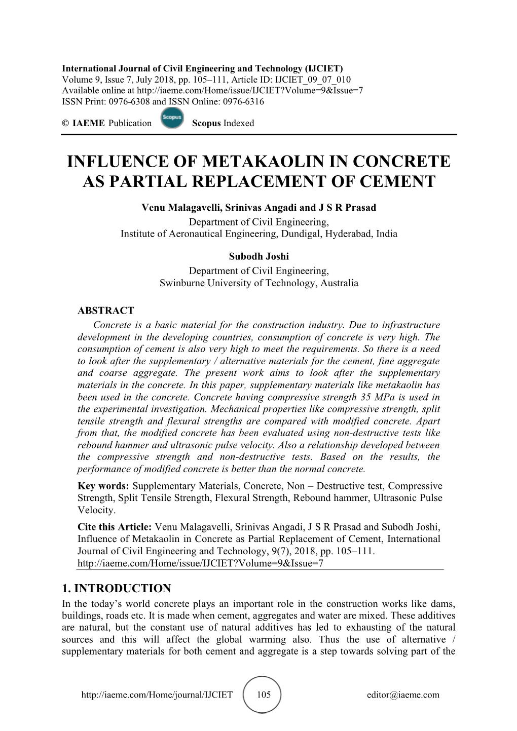 Influence of Metakaolin in Concrete As Partial Replacement of Cement