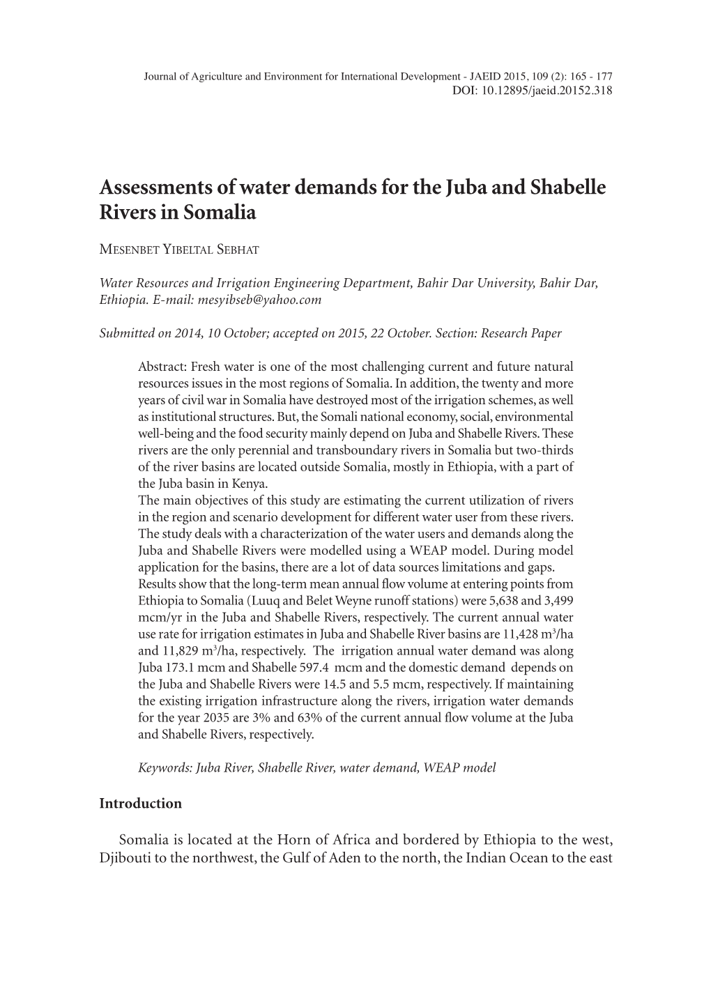 Assessments of Water Demands for the Juba and Shabelle Rivers in Somalia