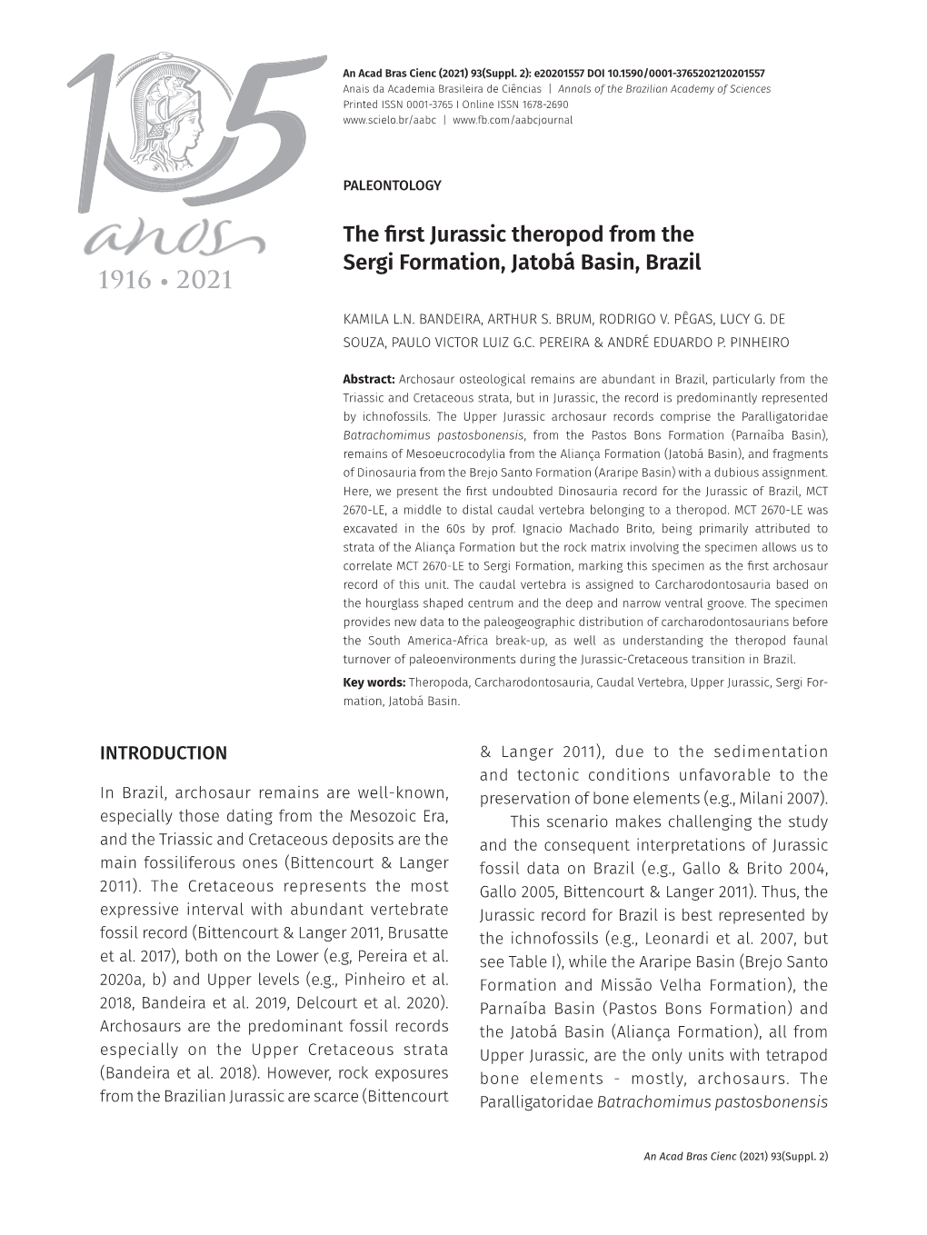 The First Jurassic Theropod from the Sergi Formation, Jatobá Basin, Brazil