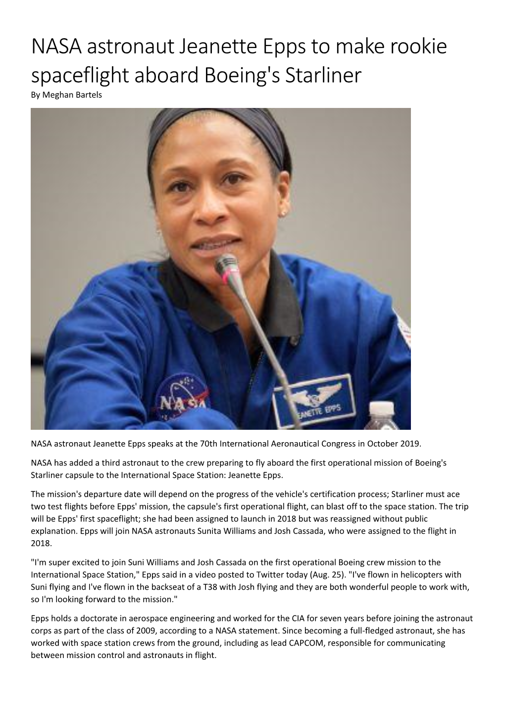 NASA Astronaut Jeanette Epps to Make Rookie Spaceflight Aboard Boeing's Starliner by Meghan Bartels