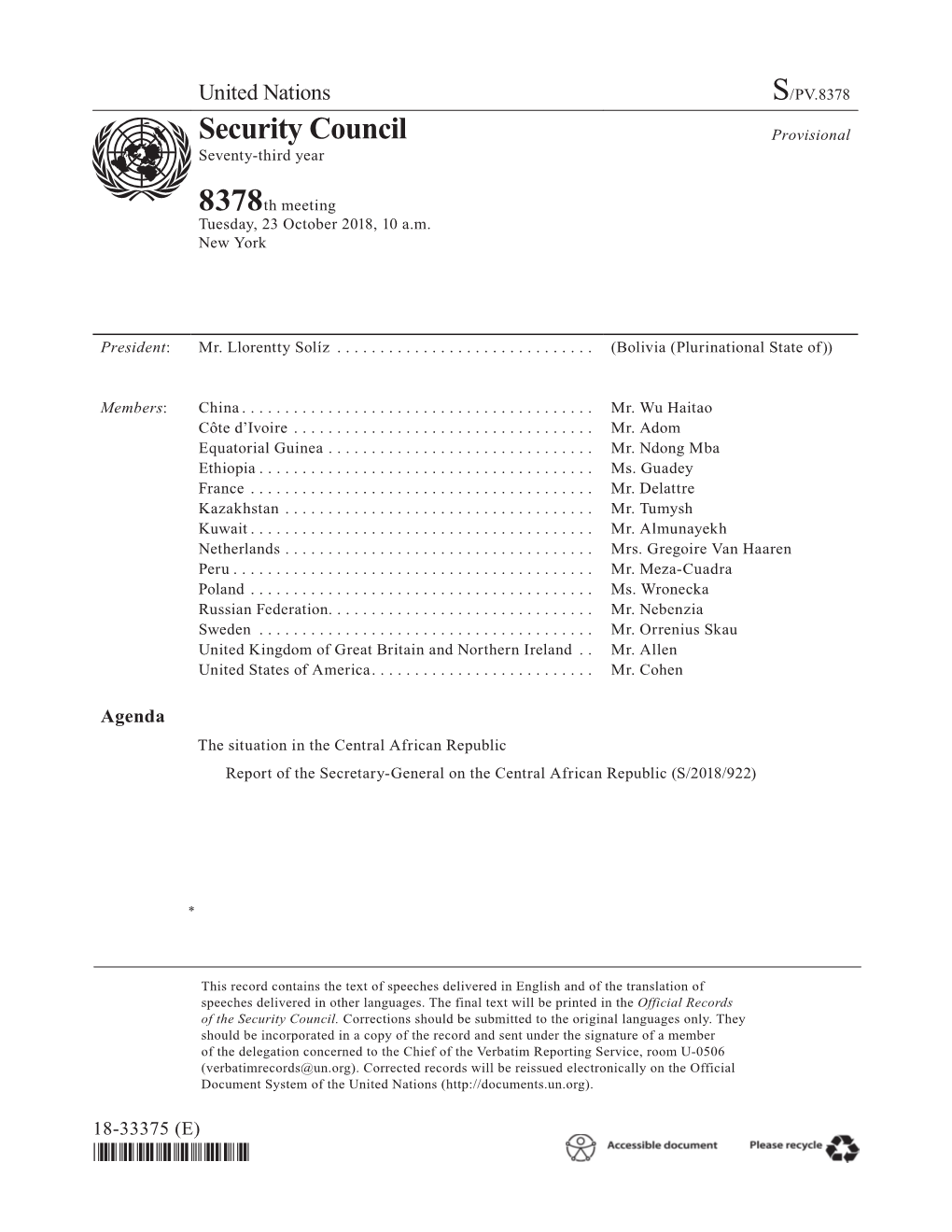 S/PV.8378 the Situation in the Central African Republic 23/10/2018