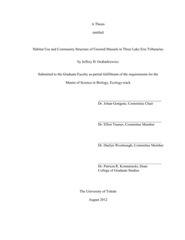 A Thesis Entitled Habitat Use and Community Structure of Unionid