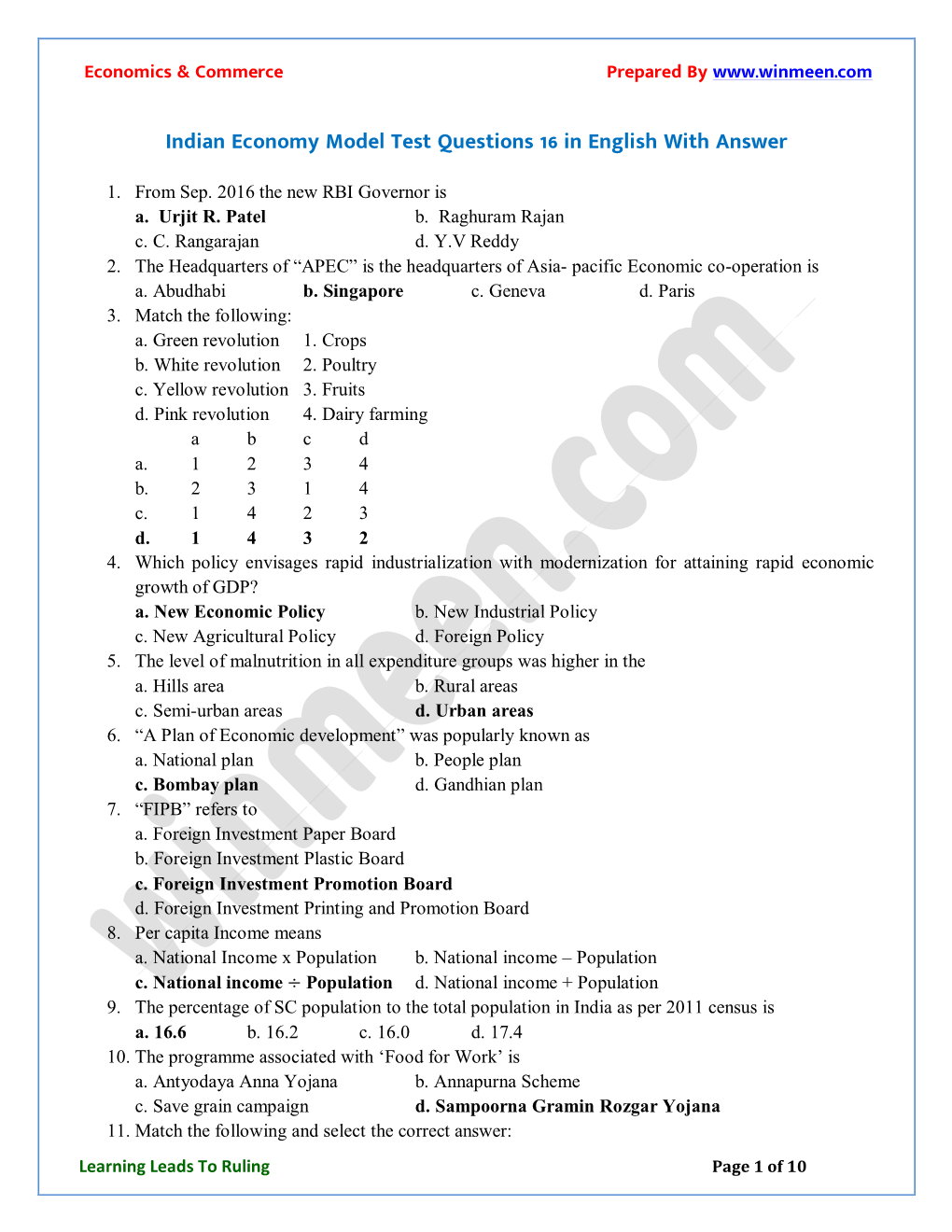 Indian Economy Model Test Questions 16 in English with Answer
