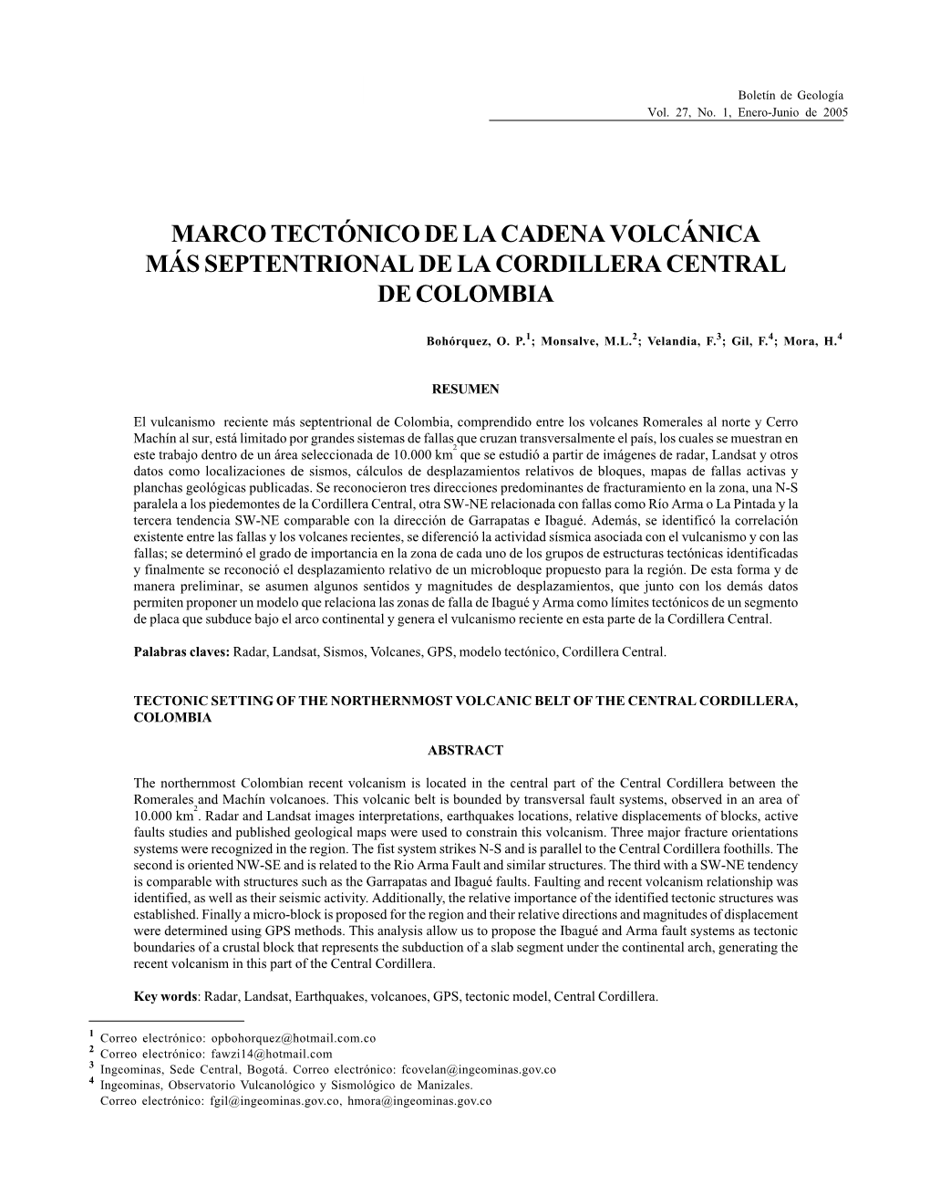 Marco Tectónico De La Cadena Volcánica Más Septentrional De La Cordillera Central De Colombia