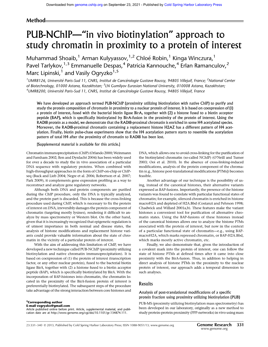 PUB-Nchip—''In Vivo Biotinylation'' Approach to Study Chromatin In