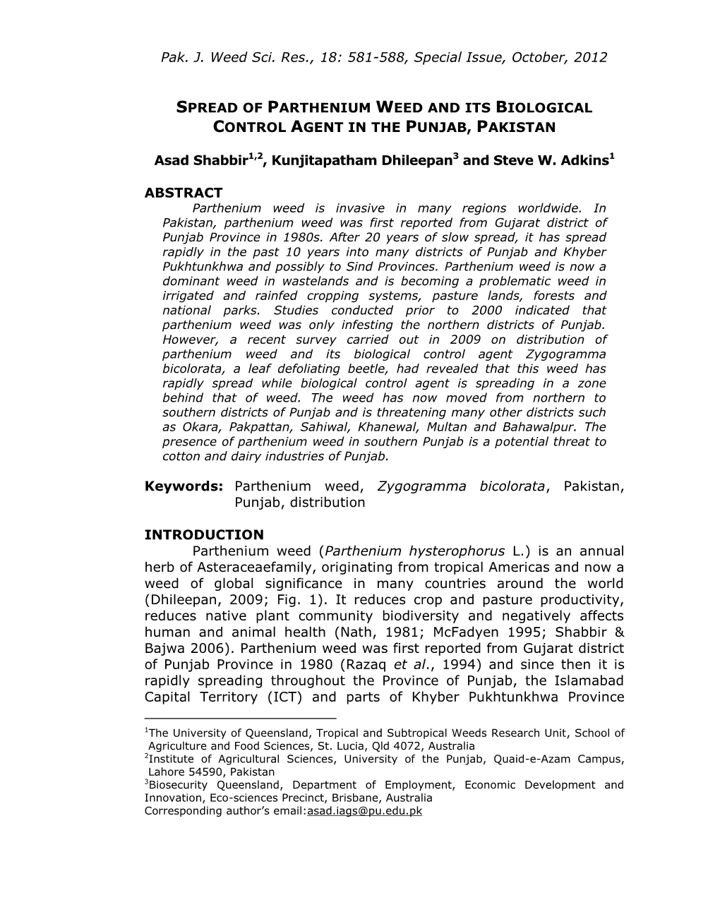 Pak. J. Weed Sci. Res., 18: 581-588, Special Issue, October, 2012