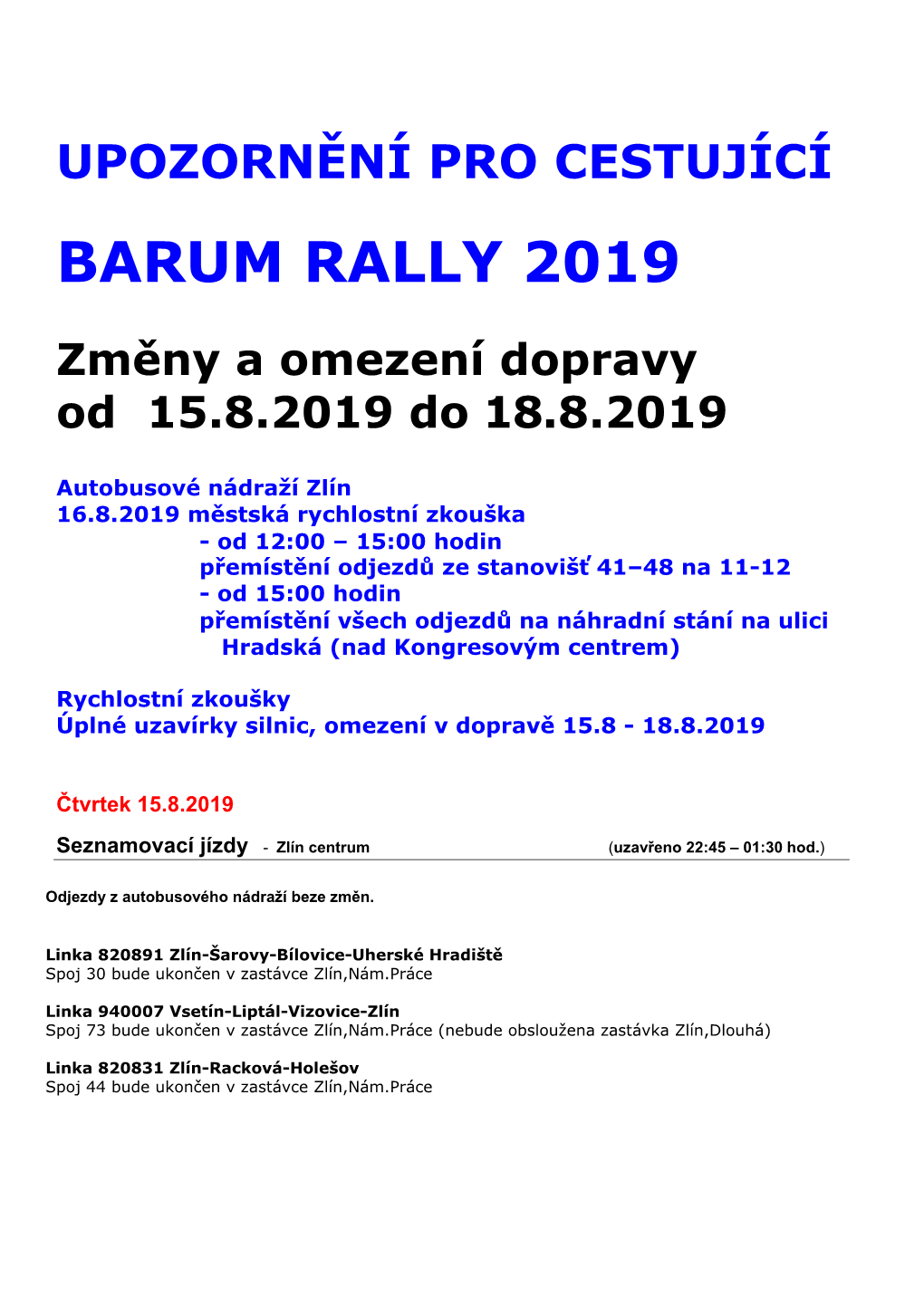 Upozornění Pro Cestující Barum Rally 2019