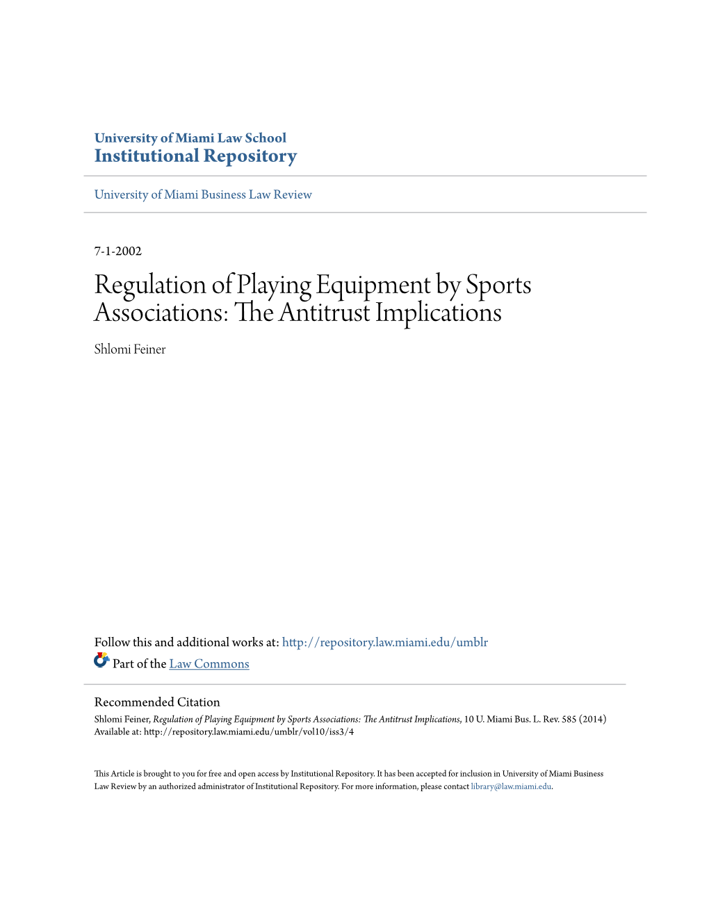 Regulation of Playing Equipment by Sports Associations: the Antitrust Implications Shlomi Feiner