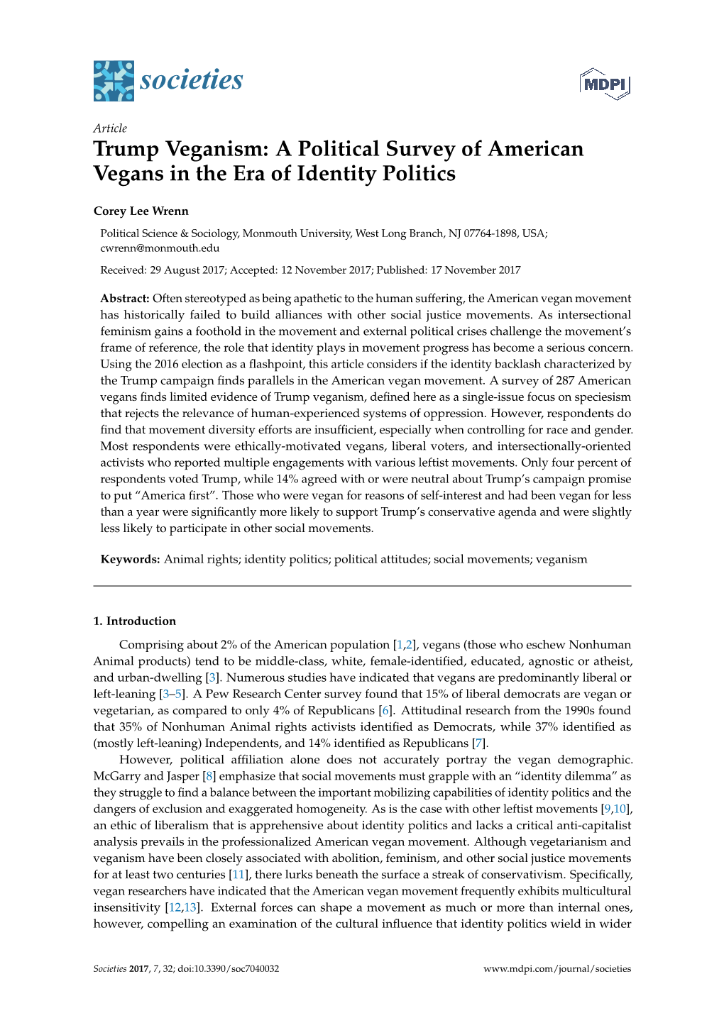 Trump Veganism: a Political Survey of American Vegans in the Era of Identity Politics