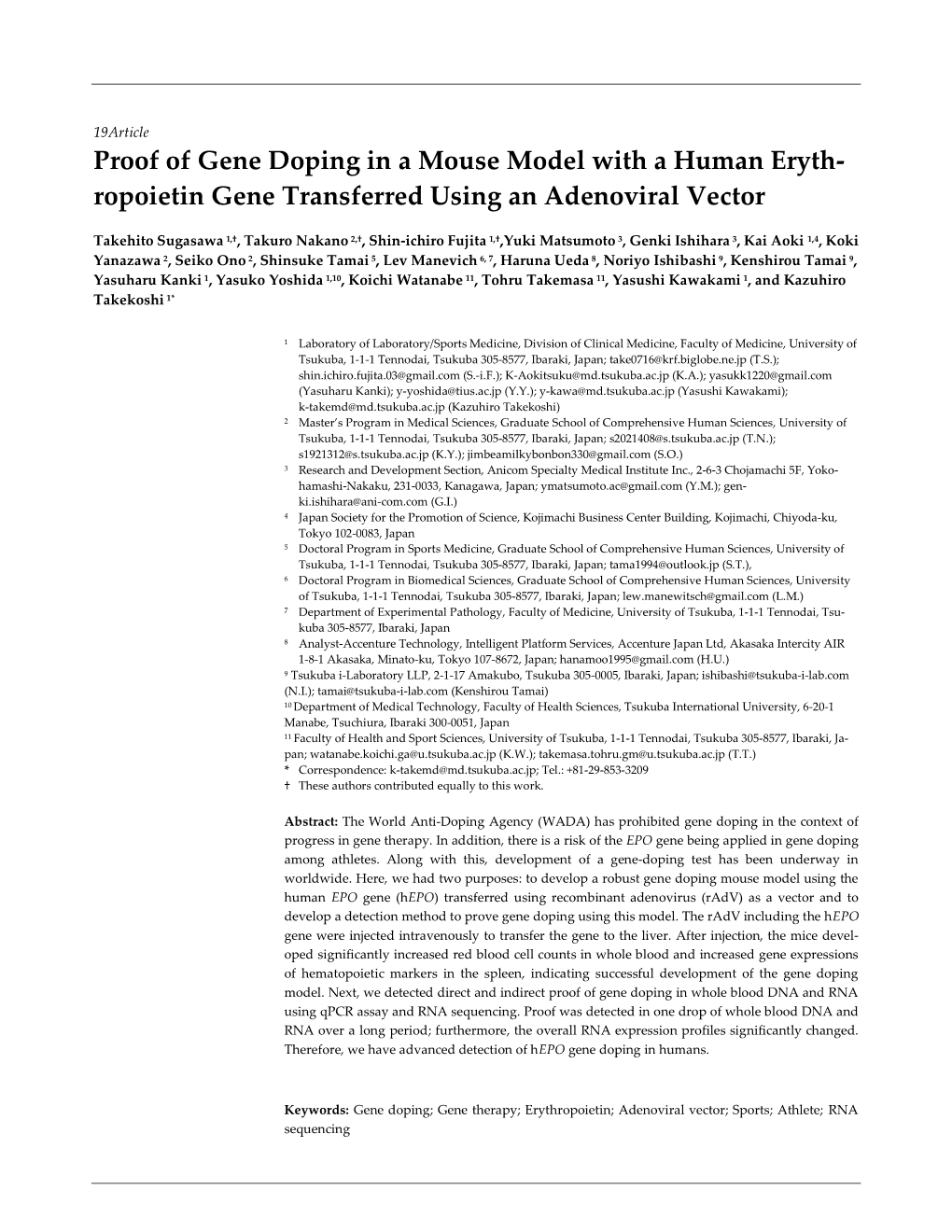 Proof of Gene Doping in a Mouse Model with a Human Eryth- Ropoietin Gene Transferred Using an Adenoviral Vector